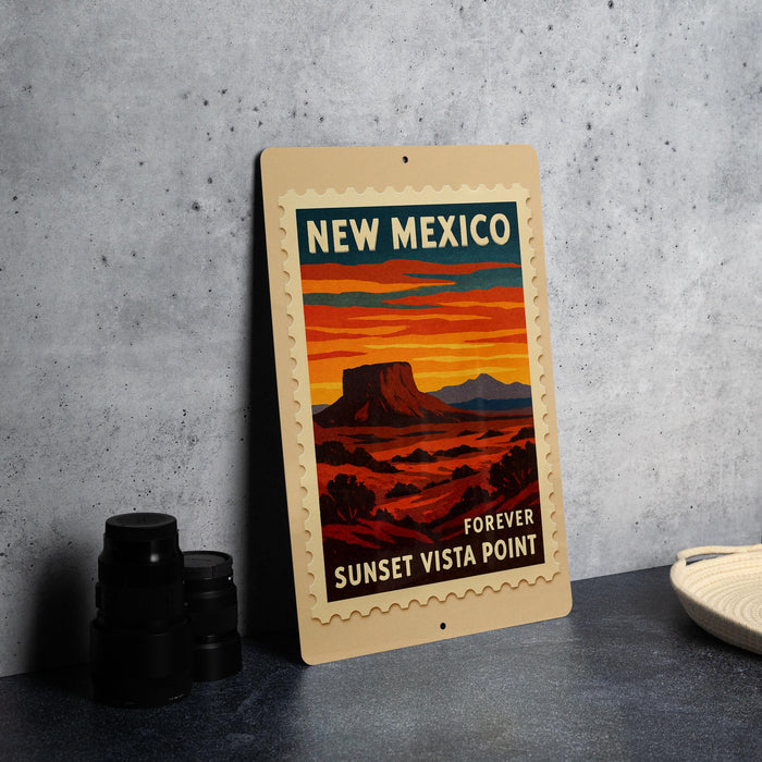 A framed poster of the Sunset Vista Point in New Mexico, featuring a desert landscape with mountains in the background.