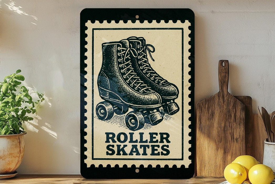 A vintage-style sign featuring a pair of roller skates, with the text "ROLLER SKATES" displayed prominently.