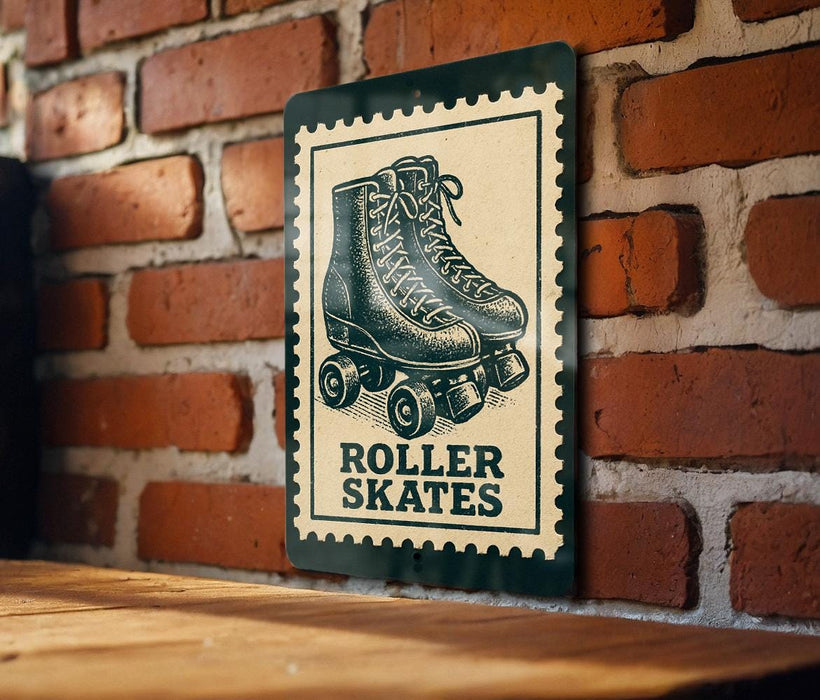 A metal sign with a graphic of roller skates is mounted on a brick wall.