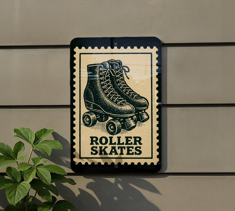 A sign featuring a pair of roller skates mounted on a wall.
