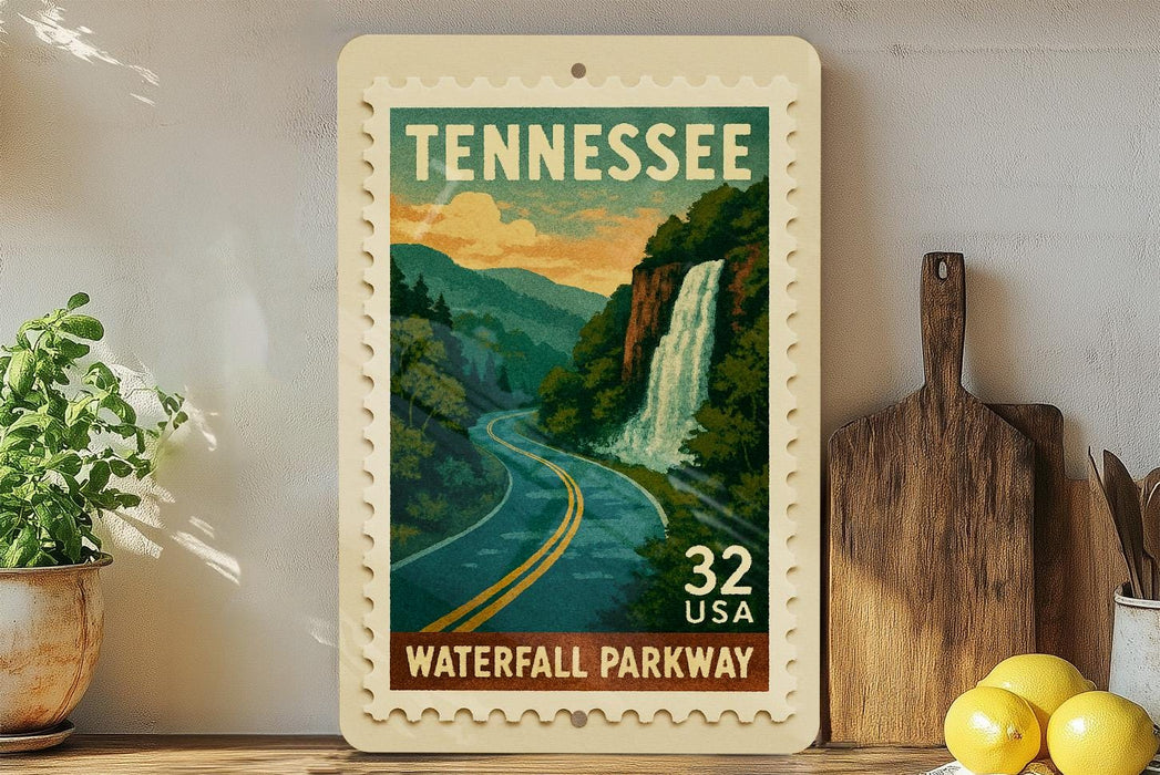 A framed postcard depicting a scenic waterfall in Tennessee, with a road winding through the landscape.