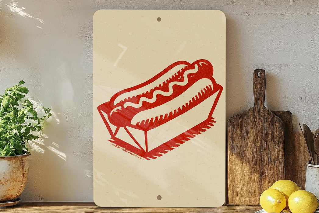a red hot dog in a box on a shelf, with a potted plant to the left and a wooden cutting board to the right.
