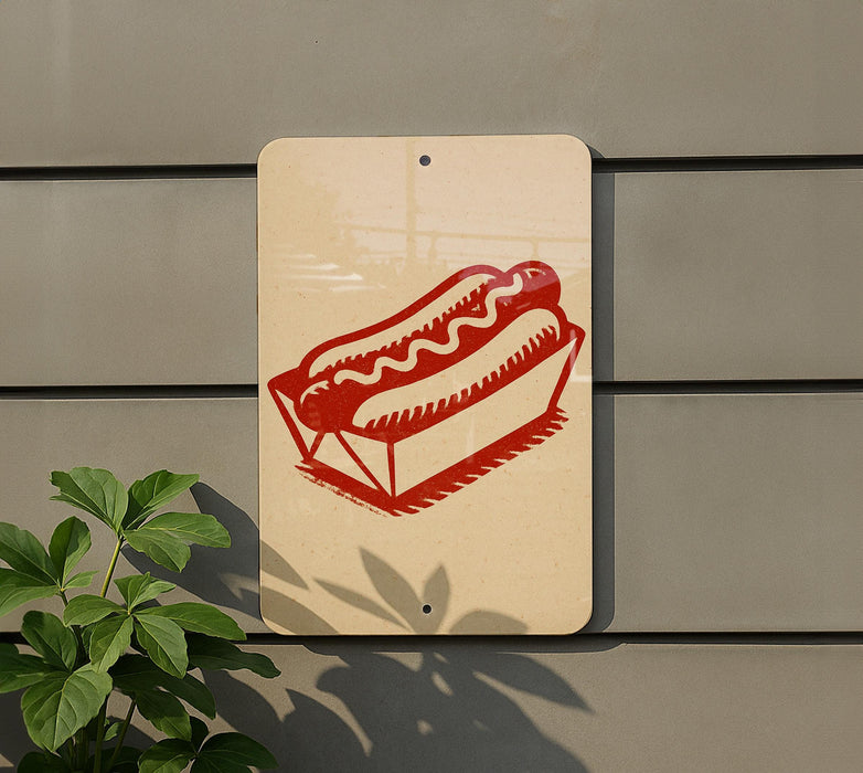 a sign with a red hot dog on a bun, mounted on a wall.