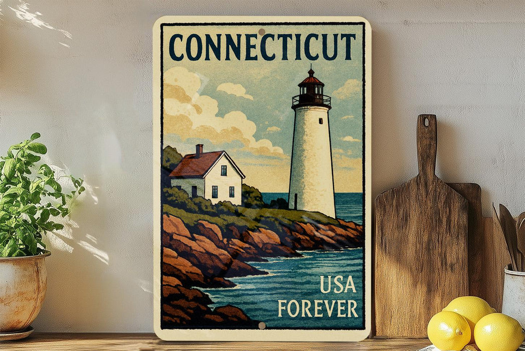 A vintage-style poster of a lighthouse and a house, with the text "Connecticut USA Forever" displayed prominently.