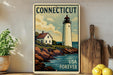 A vintage-style poster of a lighthouse and a house, with the text "Connecticut USA Forever" displayed prominently.