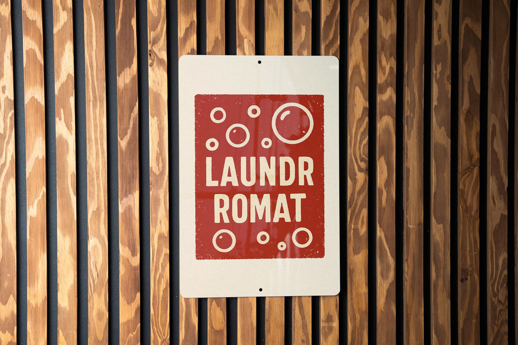 A sign with the text "Laundromat Romat" is displayed on a wooden wall.