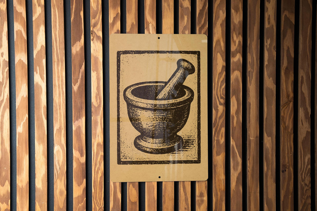 a wooden wall with a sign depicting a mortar and pestle.