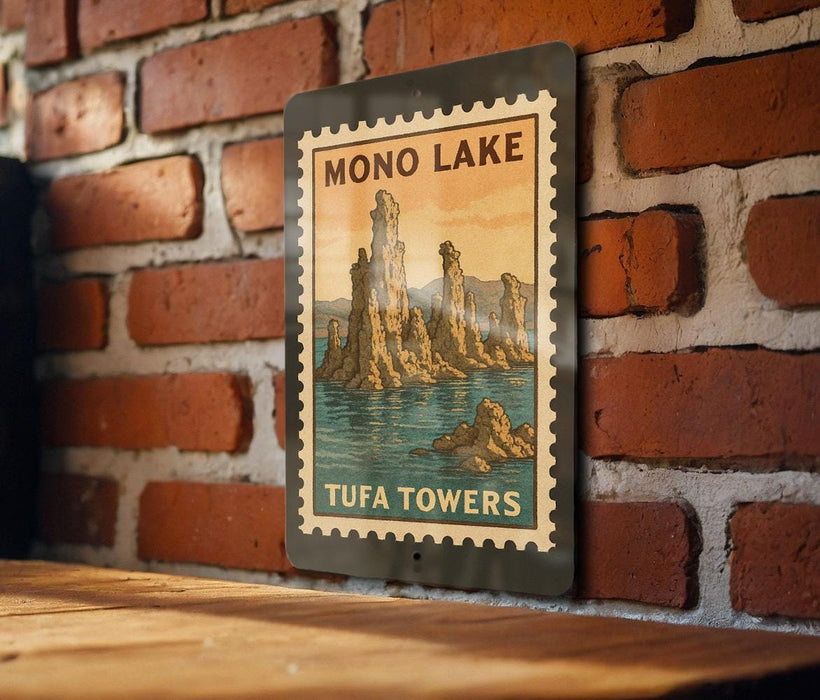 A metal sign with a vintage-style illustration of the Mono Lake area, featuring the Tufa Towers, mounted on a brick wall.