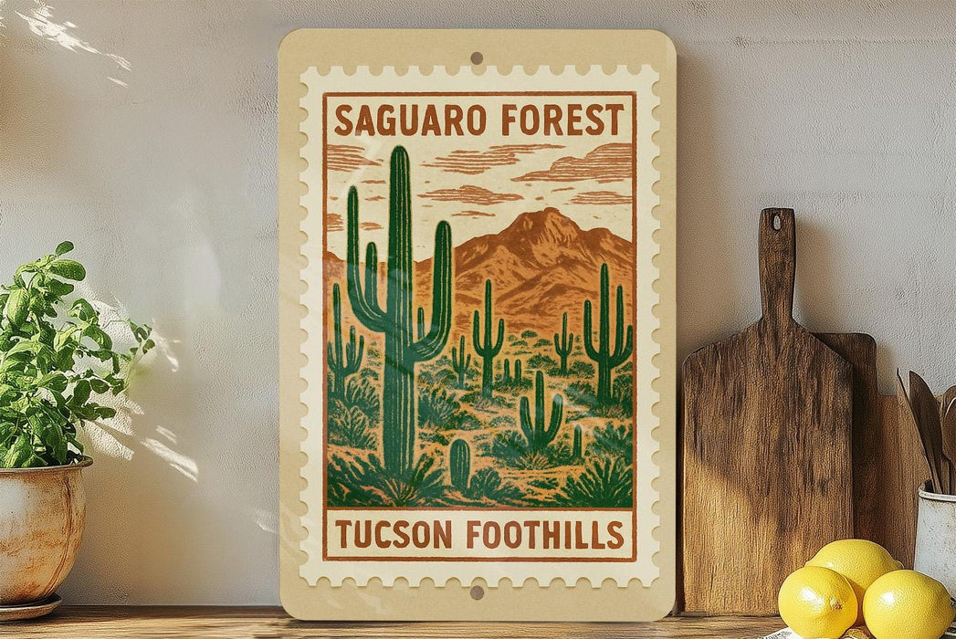 A framed poster of a desert landscape with cacti and mountains, featuring the text "Saguaro Forest" and "Tucson Foothills" on it. The poster is displayed on a shelf next to a wooden cutting board and a potted plant.