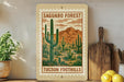 A framed poster of a desert landscape with cacti and mountains, featuring the text "Saguaro Forest" and "Tucson Foothills" on it. The poster is displayed on a shelf next to a wooden cutting board and a potted plant.