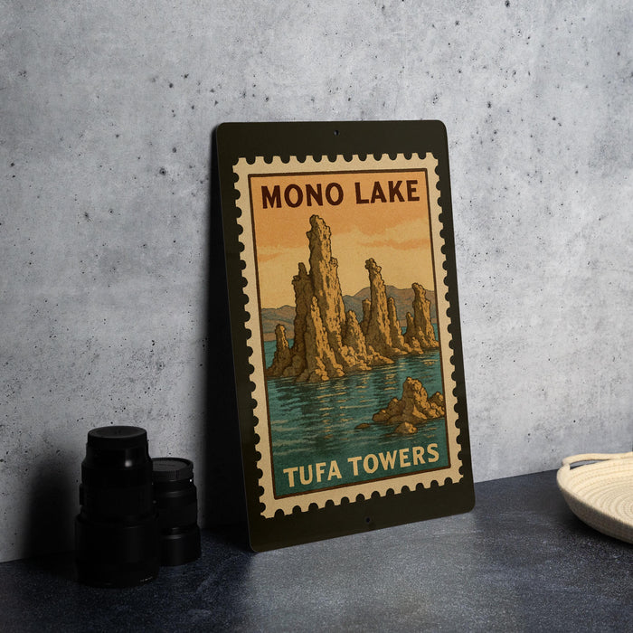 A framed illustration of the Tufa Towers in Mono Lake, with a vintage-style design, is displayed on a wall.