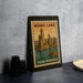 A framed illustration of the Tufa Towers in Mono Lake, with a vintage-style design, is displayed on a wall.