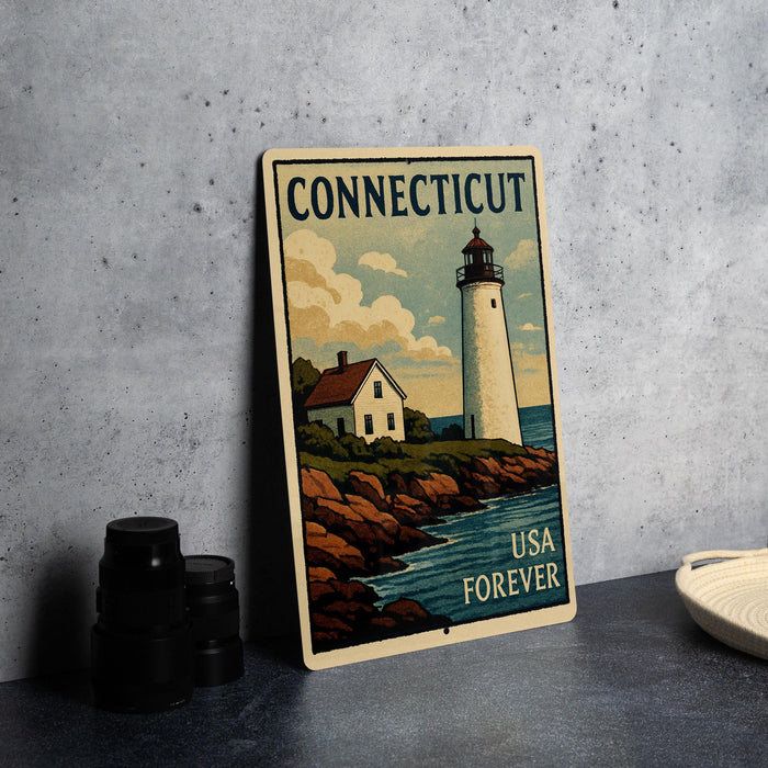 A vintage-style poster of a lighthouse and a house, with the text "Connecticut USA Forever" on it, is displayed on a gray wall.