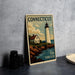 A vintage-style poster of a lighthouse and a house, with the text "Connecticut USA Forever" on it, is displayed on a gray wall.