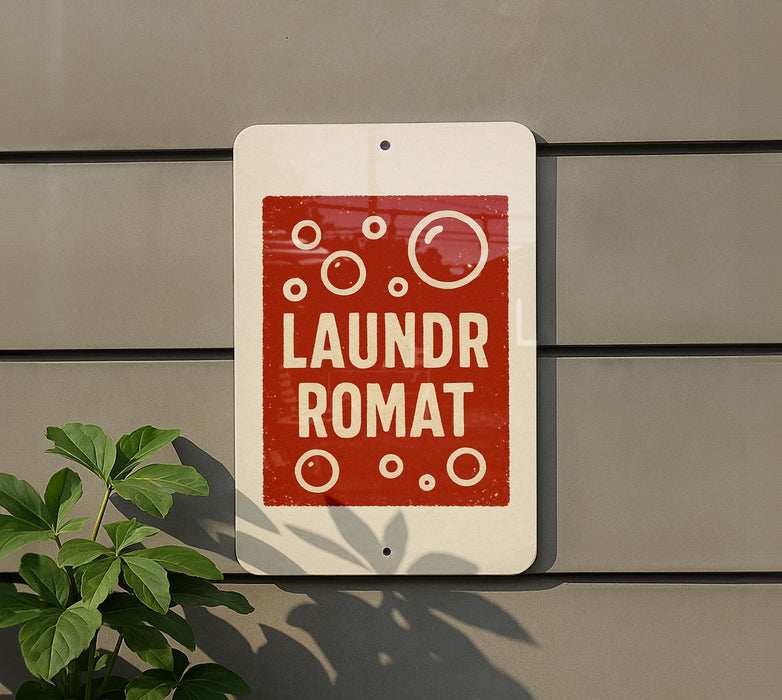 A red and white sign with the text "LUNDROMAT" is mounted on a gray wall, with a plant visible to the left.