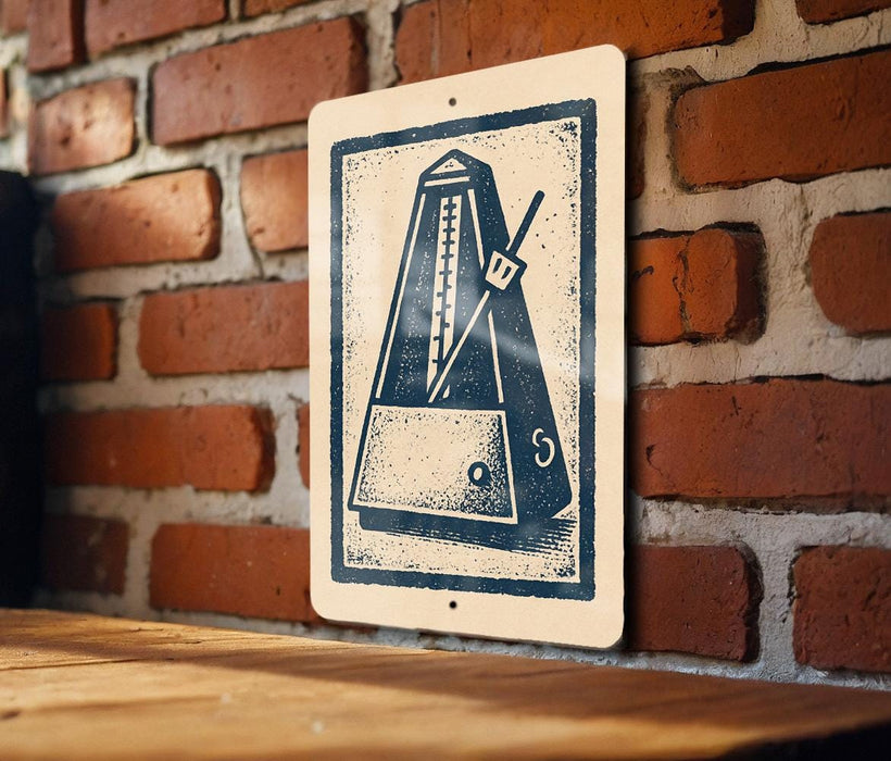 a close-up view of a wall with a wooden surface below it. There is a sign with a stylized drawing of a metronome, which is a device used to measure time.