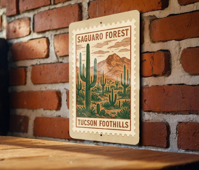 A wooden table with a framed poster of a desert landscape featuring cacti and mountains, mounted on a brick wall.
