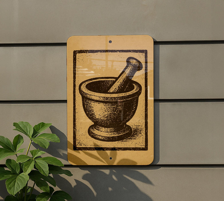 a sign with a picture of a mortar and pestle on it, mounted on a wall.