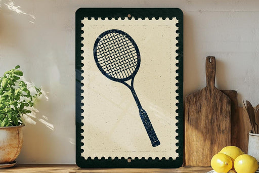 a framed tennis racket on a shelf, surrounded by kitchen utensils and a potted plant.