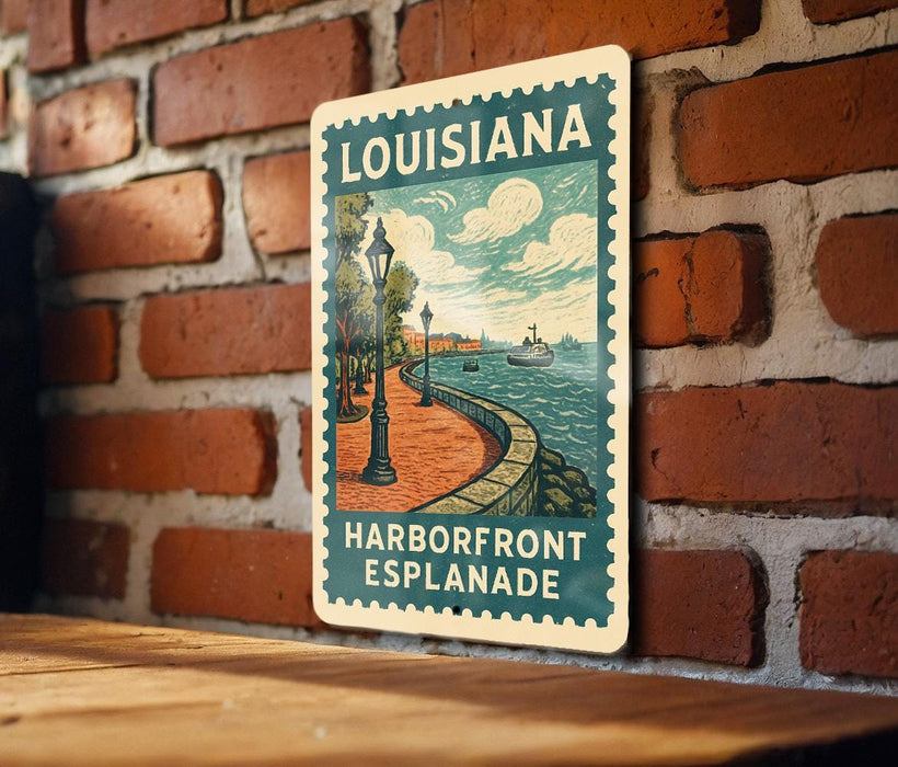 A vintage-style sign for the Louisiana Harborfront Esplanade, featuring a scenic illustration of a waterfront with a boat and a lamppost.
