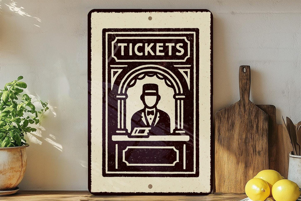 a vintage-style sign with the word "TICKETS" prominently displayed, along with an illustration of a ticket booth or ticket seller. The sign is placed on a wooden surface, with a potted plant to the left and a wooden cutting board to the right. There are also some lemons visible in the image.