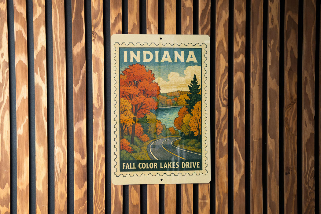 A vintage-style metal sign with the word "INDIANA" and an illustration of a scenic fall landscape with trees and a lake, mounted on a wooden wall.