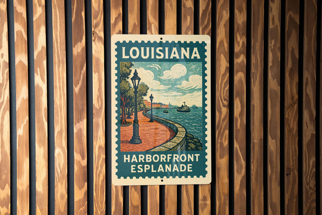 A vintage-style sign for the Louisiana Harborfront Esplanade, featuring a scenic illustration of a waterfront promenade with a lamppost and boats.