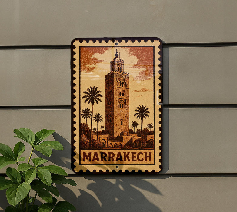A decorative sign featuring an illustration of a tall tower surrounded by palm trees, with the word "MARAKECH" prominently displayed.