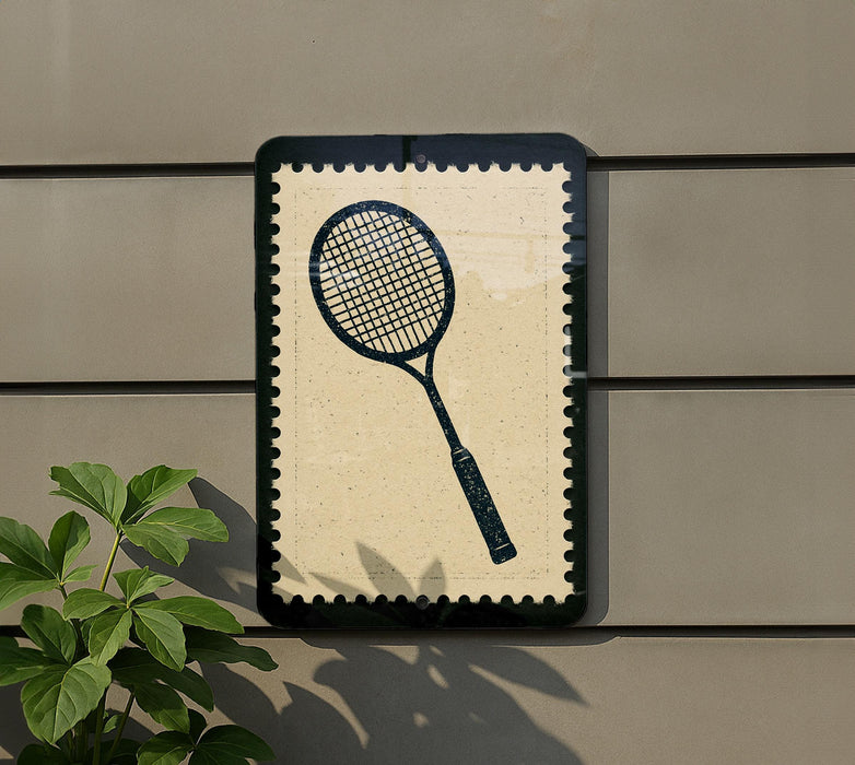 a tennis racket on a wall, with a plant to the left side.