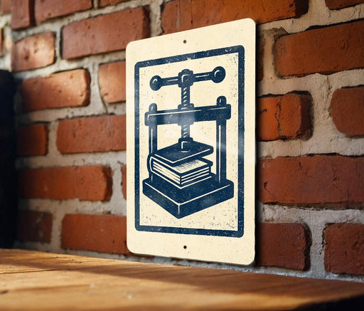 a sign with a black and white illustration of a book press, mounted on a brick wall.