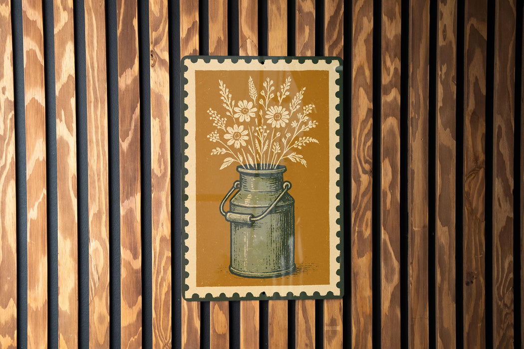 A framed illustration of a vase with flowers is displayed on a wooden wall.