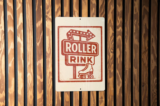 A sign for "Roller Rink" is displayed on a wooden wall.