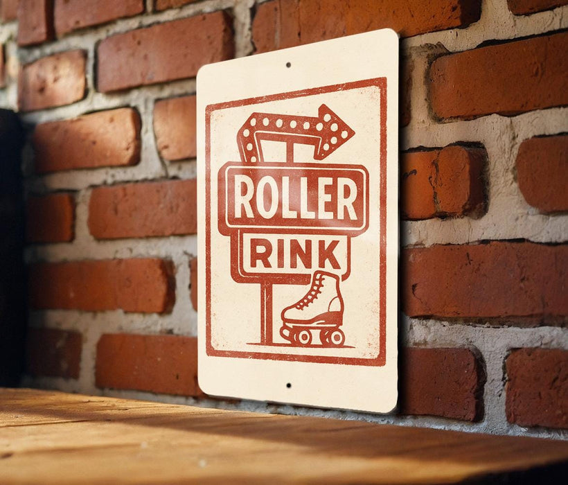 A sign for "Roller Rink" is mounted on a brick wall, featuring a roller skate and an arrow pointing to the right.