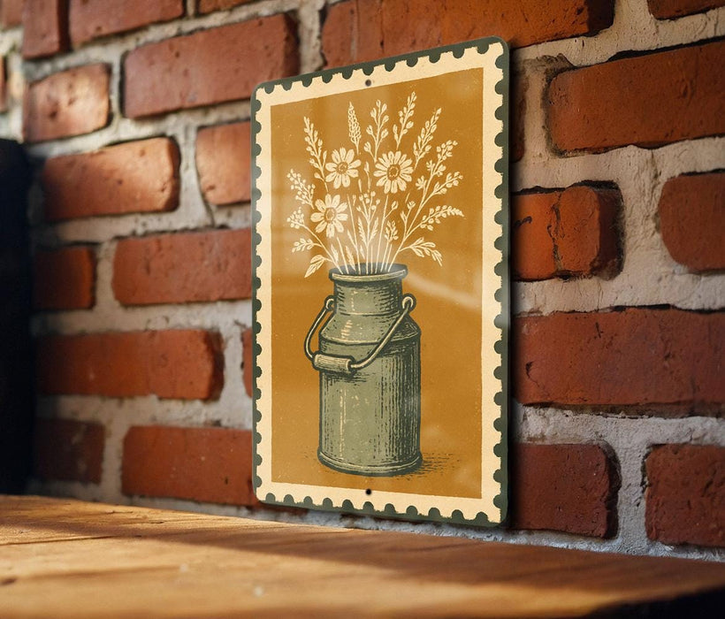 A vintage-style metal sign with a floral design on a brick wall.
