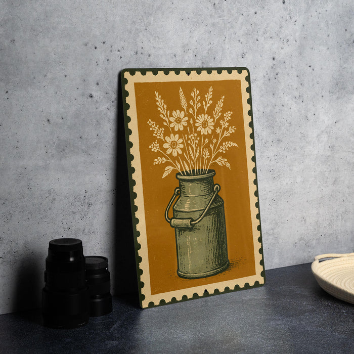 A framed illustration of a green metal milk can with flowers on a yellow background, placed on a dark surface next to some black camera lenses.