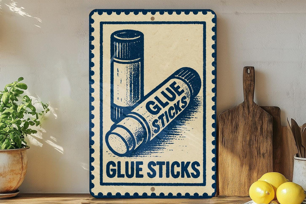 A vintage-style sign advertising glue sticks is displayed on a wooden shelf, with a potted plant and a wooden cutting board nearby.