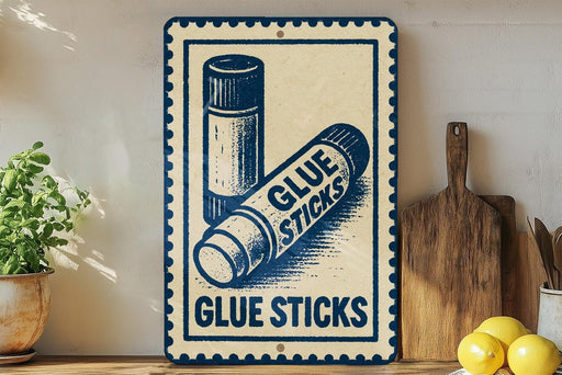 A vintage-style sign advertising glue sticks is displayed on a wooden shelf, with a potted plant and a wooden cutting board nearby.