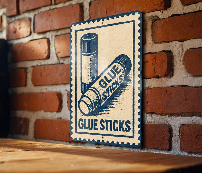 A sign on a brick wall that reads "GLUE STICKS" and features an illustration of two glue sticks.