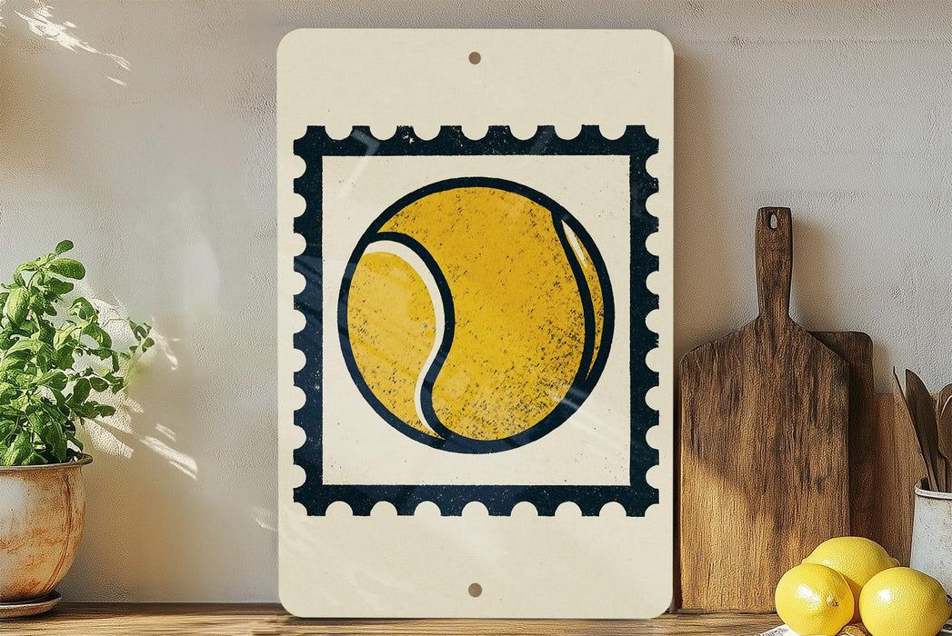 a white sign with a tennis ball design, placed on a wooden surface next to a potted plant and a wooden cutting board.