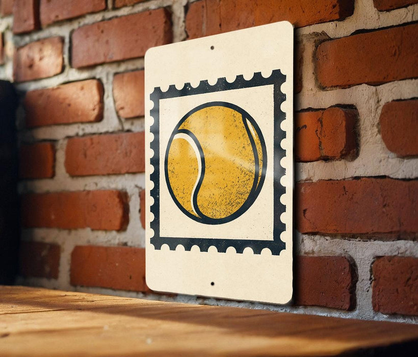 A sign featuring a tennis ball on a white background is mounted on a brick wall.