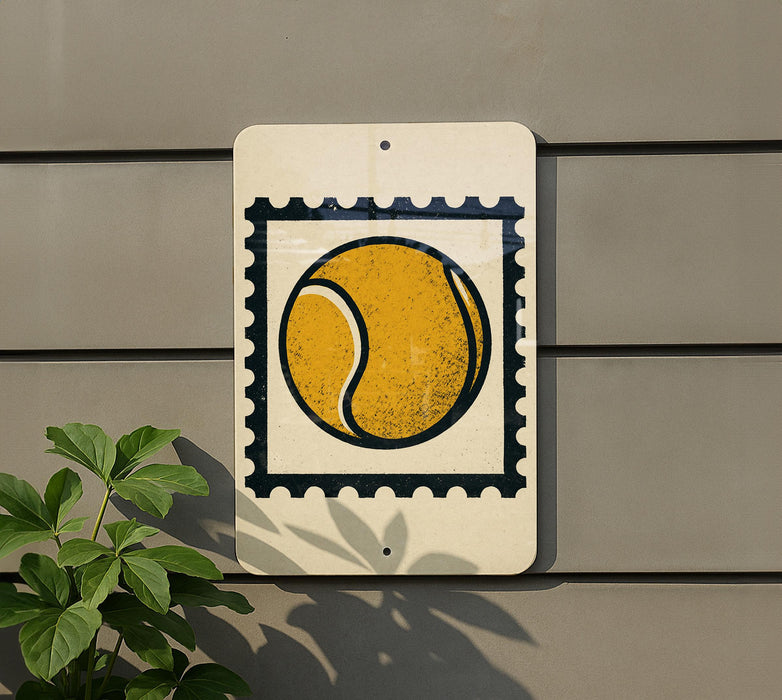 A tennis ball painted on a white sign with a black border, mounted on a gray wall.