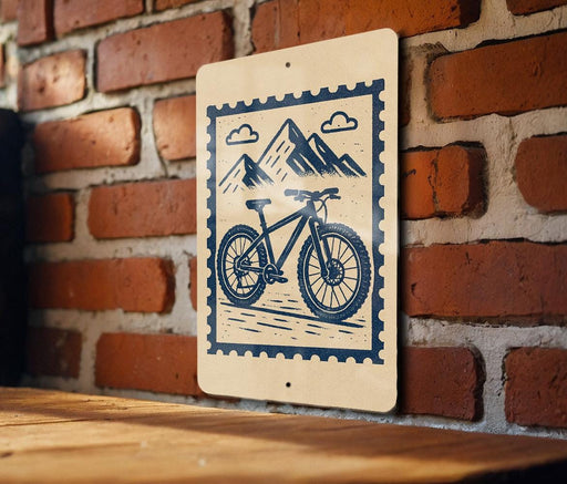 A sign featuring a bicycle and mountain scenery is mounted on a brick wall.