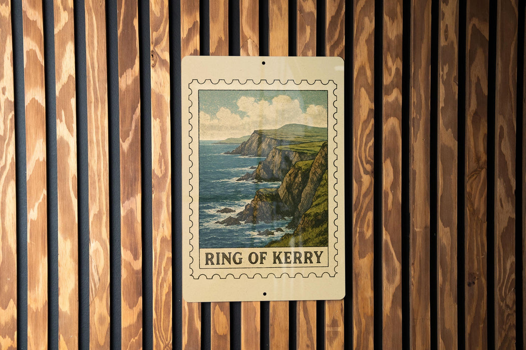A framed image of the Ring of Kerry, a famous coastal region in Ireland, is displayed on a wooden wall.
