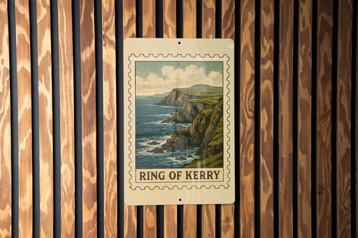 A framed image of the Ring of Kerry, a famous coastal region in Ireland, is displayed on a wooden wall.