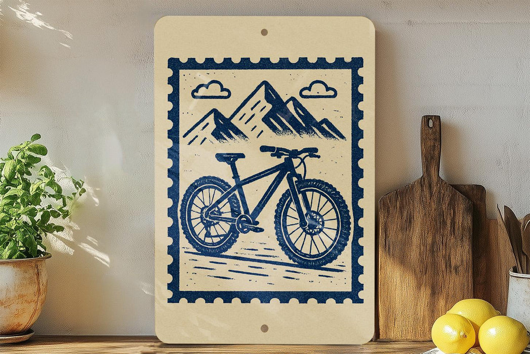 a wooden sign with a bicycle illustration, placed on a wooden surface next to a potted plant and a wooden cutting board.