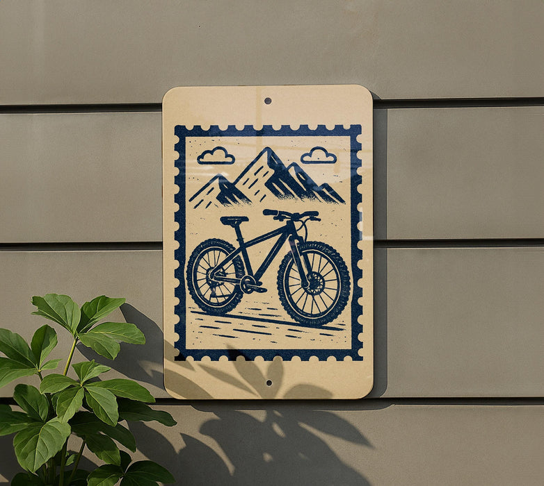 a sign with a bicycle and mountains in the background.