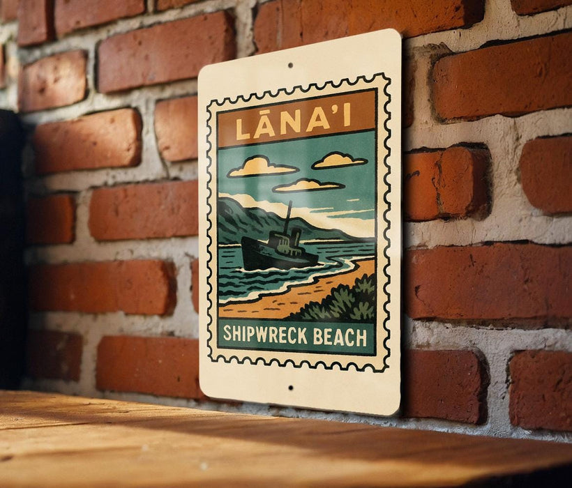 A sign for "SHIPWRACK BEACH" is hanging on a brick wall, featuring a vintage-style illustration of a ship on the beach.