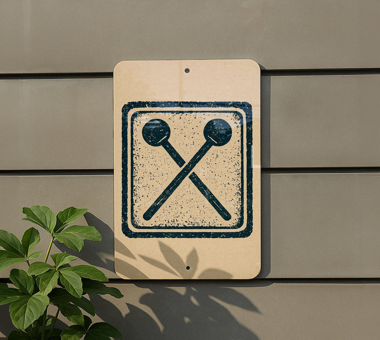 a sign with a symbol of two crossed drumsticks on a beige background, mounted on a wall.