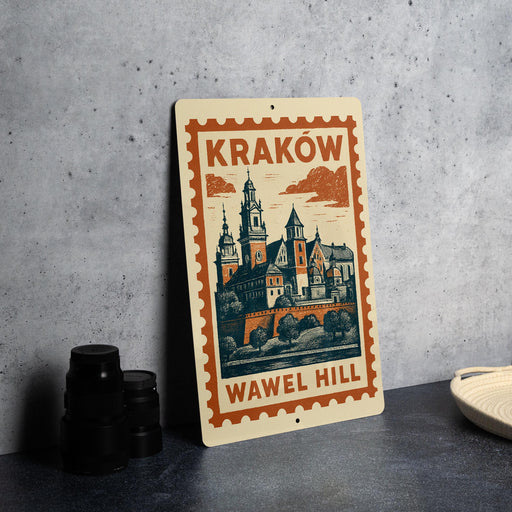 A metal sign with a vintage-style illustration of a castle or palace, featuring the text "Krakow Wawel Hill" on it, is displayed on a table.