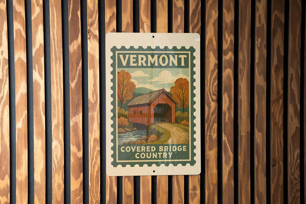 A vintage-style sign for Vermont's Covered Bridge Country, featuring a wooden bridge and autumn foliage, is displayed on a wooden wall.
